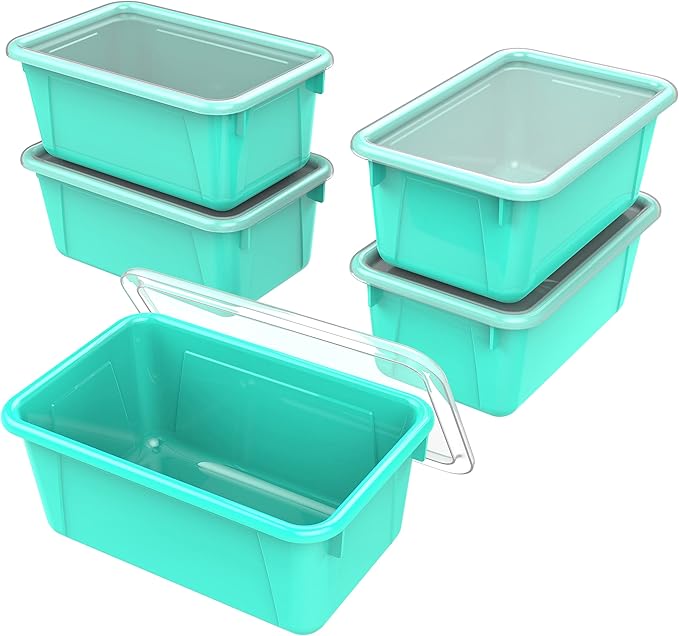 Storex Small Cubby Bins – Plastic Storage Containers for Classroom with Non-Snap Lid 12.2 x 7.8 x 5.1 inches Teal 5-Pack (62412A05C)