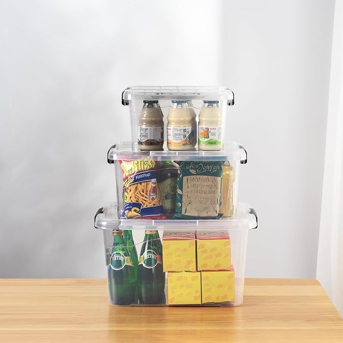 Cetomo Storage Boxes Storage Box with Lids and Handle for Home Dorm Office Organization Stackable Nesting Tote Container Plastic Clear 6L 10L 18L-3 Pack