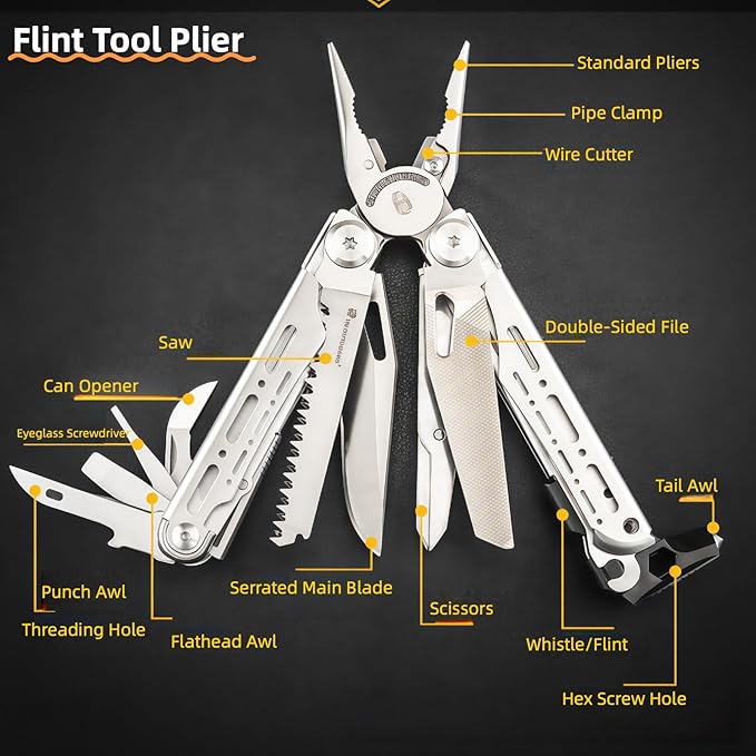 Multitool 15-in-1 Full-Size Lightweight EDC Multi-Purpose Pliers With Safety Locking Nylon Bag Tactical Gear Camping Knives &amp Tools 7CR17 BladeFlint striker Gift Ideas for Men (Black)