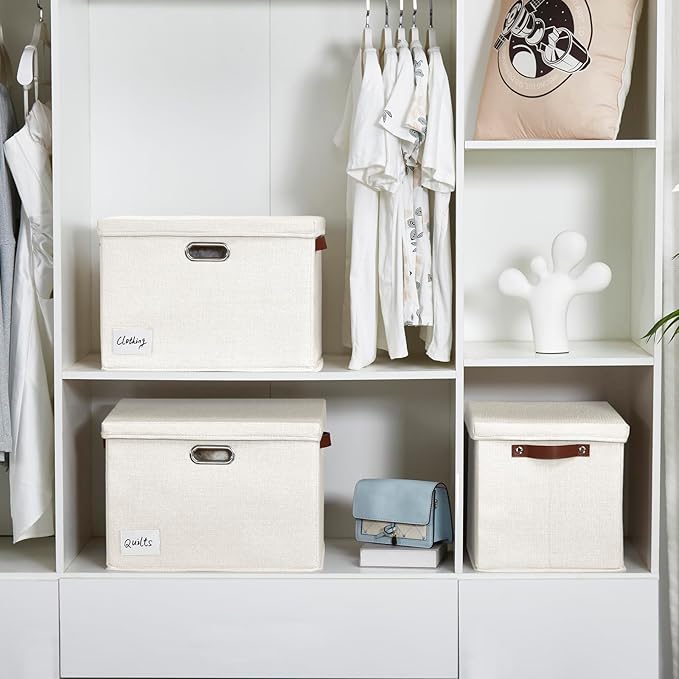 17 Large Collapsible Storage Bins with Lids Stackable Closet Organizers with PU Handle and Labels 3-Pack Decorative Fabric Storage Boxes for Home Bedroom Closet Office Nursery(White)