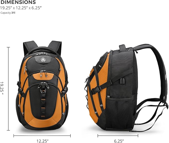Swissdigital Design Laptop Backpack with USB Charging Port Travel Backpack Fits 15.6 inches Computer 31L College School Backpack for Men Orange/Black | SD803-66