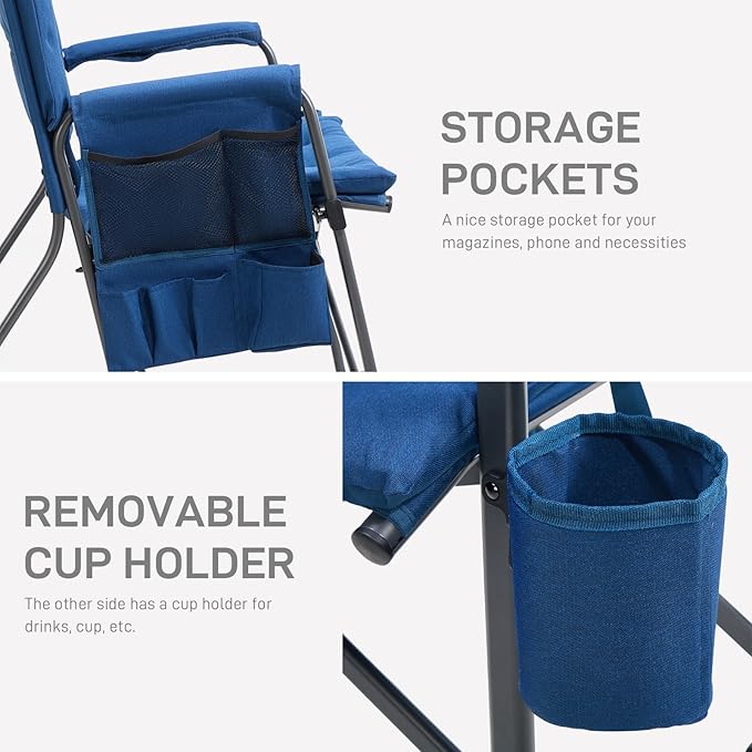 EVER ADVANCED Lightweight Folding Rocking Camping Chair Padded Portable Rocker Chair for Patio Lawn and Outdoors Heavy Duty Hard Armchair for Adults Blue