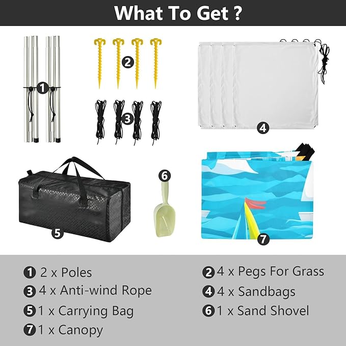 xigua Sailboat Beach Tent Sun Shelter with Carrying Bag - Silver Coated Oxford Fabric Beach Canopy for Beach Camping Fishing - Includes Windproof Ropes Sandbags &amp Stakes