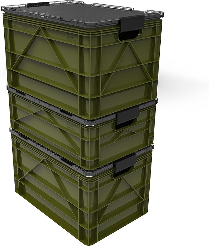 SIDIO CRATE Starter Pack - Two Full Size and One Half Size SidioCrate Stackable Outdoor Organizer Storage Bins with Clear Lid and Dividers - Green
