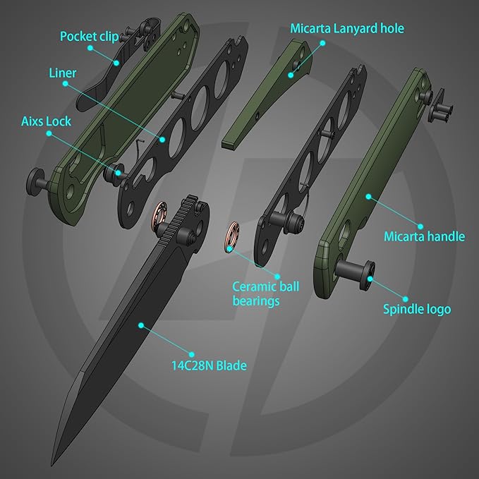 OLITANS G062 Folding Knife for EDC 14C28N Steel Blade Pocket knife Crossbar Lock Knife for Outdoor Survival Hunting and Camping 3.28oz（Micarta Green+Black Coating）