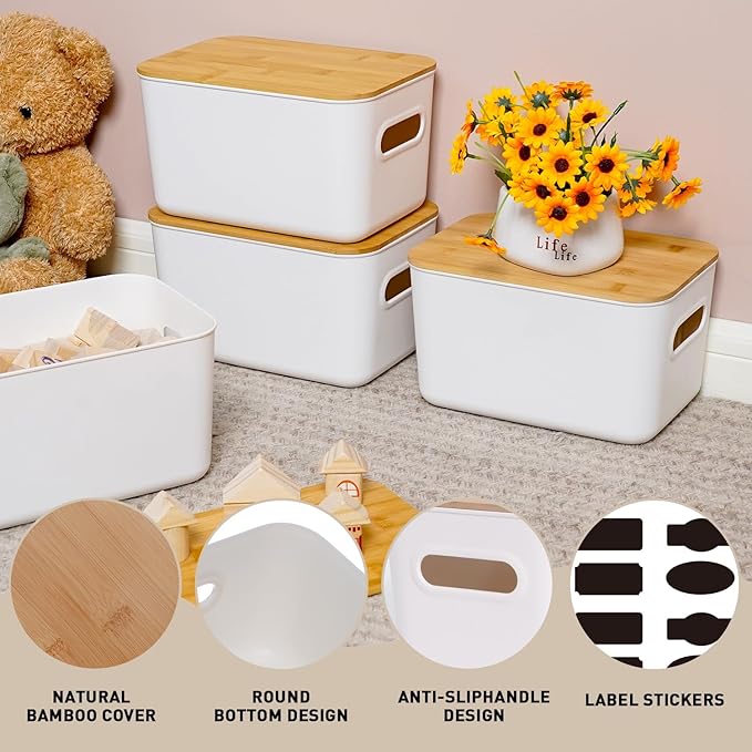 Citylife Storage Bins with Bamboo Lids 7QT Plastic Storage Containers Stackable Organizer Boxes with Handle for Desk Snacks Toys 2 PCS 10 L x 7 W x 5.8 H