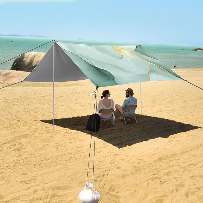 Marble White Green Foldable Beach Cabana UPF50+ Protection Easy Setup Shade Sun Shelter with Sandbags &amp Sand Shovel for Camping Picnics Backyard