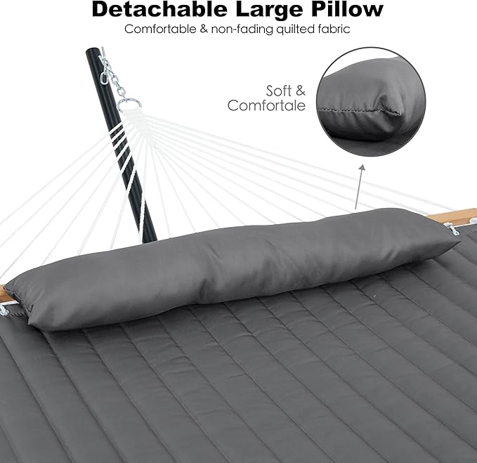 GAFETE 2 Person Hammock with Stand for Outside Heavy Duty Steel Stand 55inch Double Hammocks Large Removable Pillow Storage Bags Max 475 lbs Capacity (Haze Gray)