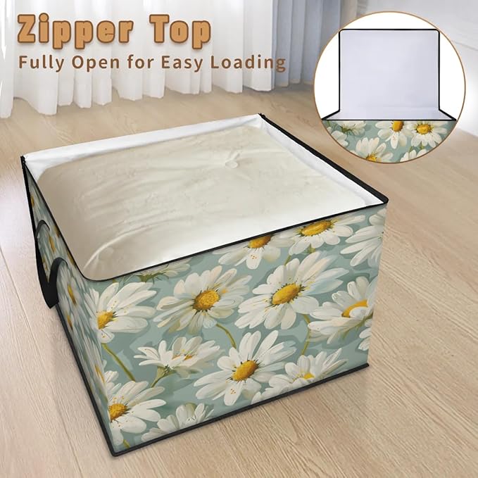 XL Large Clothes Storage with Lid Handle Cute Floral Large Thick Clothes Blanket Storage Containers for Organizing Bedroom Closet Comforter Organization Storage White Daisy Flower