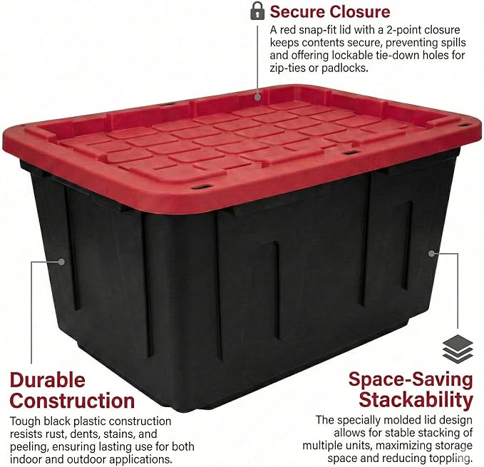 27 Gallon Storage Bin with Lid Heavy Duty Plastic Storage Tote Black and Red Stackable Storage Container for Indoor Outdoor Use Plastic Totes with Lids for Storage (2 Pack)