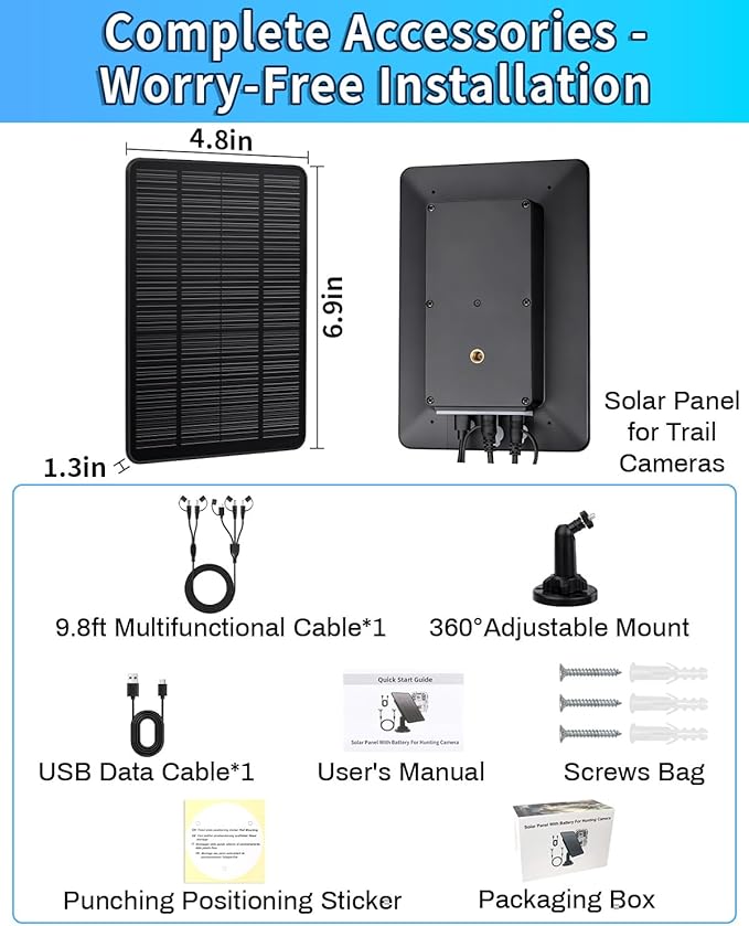 Trail Camera Solar Panel 3W Solar Panel Charger with 5000mAh Battery and 12V/1A 6V/1.5A USB-C &amp DC Port 9.8ft Cable IP65 Waterproof Solar Panel for Trail CameraGame Cameras Hunting Accessory