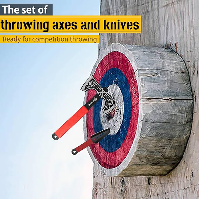NedFoss Throwing Knife and Throwing Axe Set 11.6 Throwing Axes and Tomahawks Viking Double Bit Tear-Resistant TPR Handle Throwing Axe for Axe Throwing Game (Throwing Combo)