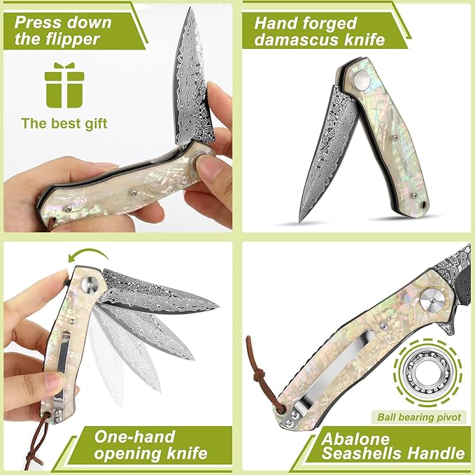 Benkey Damascus Pocket Knife Extremely Sharp VG10 Core Damascus Steel Folding Knives with Clip and Leather Sheath Unique Abalone Seashells Handle Ball Bearing Liner Lock Knife for EDC Men Women