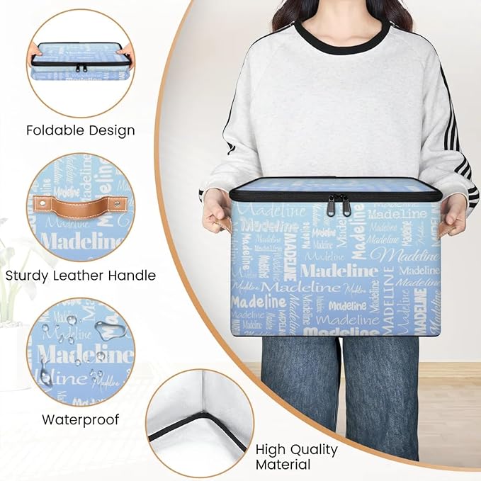 Custom Storage Basket with Name Personalized Keepsake Box with Zipper Lid Foldable Fabric Memory Bin Large capacity with Handle White Blue