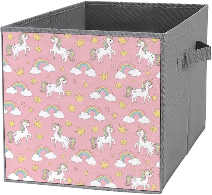 Collapsible Storage Box with Handles Cute Pink Unicorns Multi-Purpose Foldable Cube Bin for Pantry Garage Bathroom Quick-Fold Design for Easy Storage