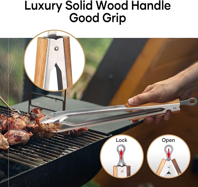XUDAKAIXIN 25-Inch Very Long Stainless Steel BBQ Tongs with Extended Luxurious Acacia Handle – Durable and Easy-to-Clean Grilling Tool for Cooking Kitchen Use and Outdoor Barbecues