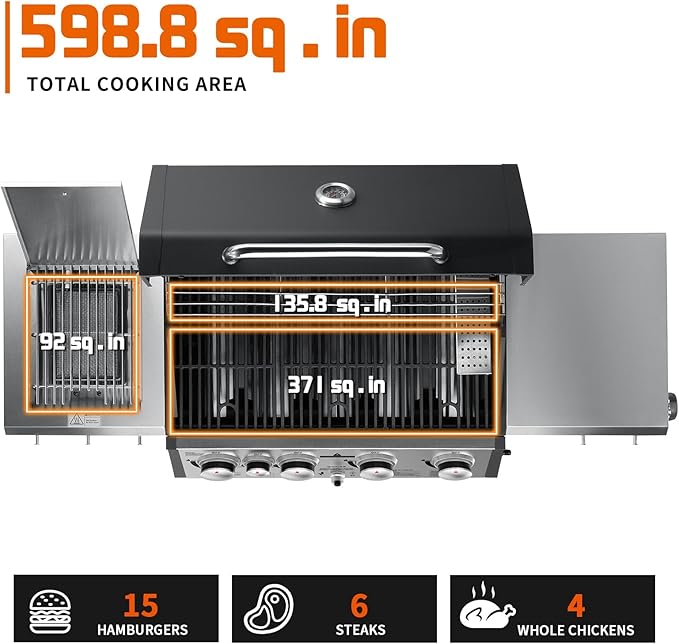 SKOK 4 Burner Propane Gas Grill with Infrared Side and Rear Burners Outdoor BBQ Grill with Cast Iron Grates Barbecue Grill with Wheels 60000BTU Output