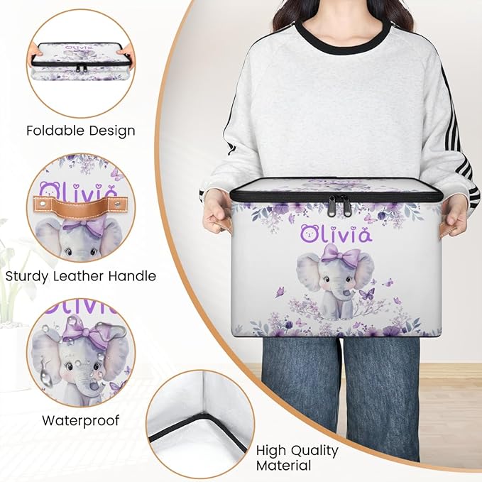 Custom Elephant Storage Bins with Lid Foldable Personalized Storage Basket Boxes with Handle Purple Flowers Shelf Basket Closet Organizer Cube