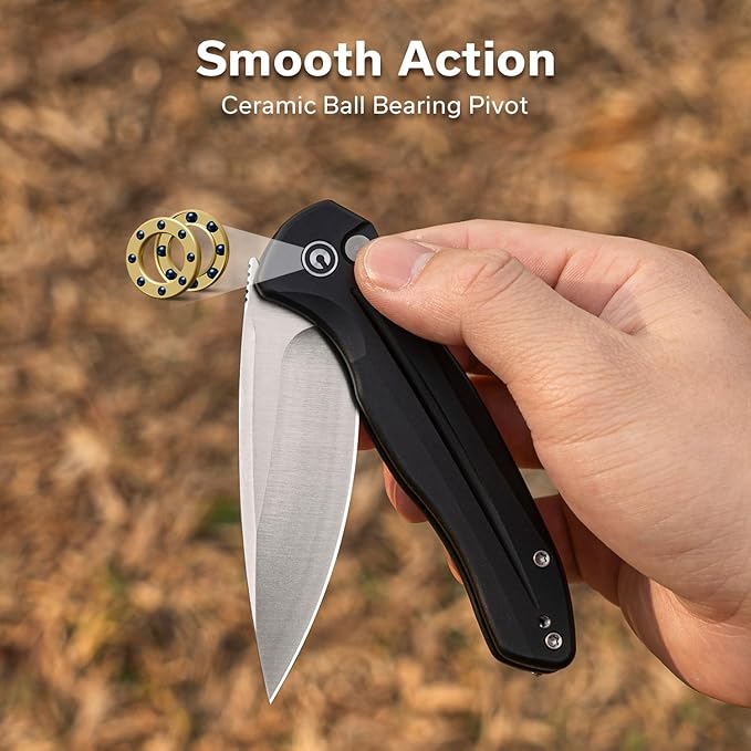 CIVIVI Kitefin EDC Pocket Knife 3.22“ 14C28N Drop Point Blade Folding Knife Aluminum Handle with Reversible Clip for Camping Hiking Hunting C24091-1 Black