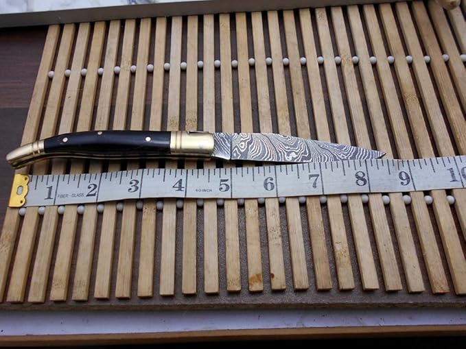 Laguiole Folding Damascus steel knife 8.6 Long with 4.1 hand forged custom twist patren Blade. Wine 2 Tone Dollar wood &amp brass bolster scale. Cow hide leather sheath included (Bull Horn)