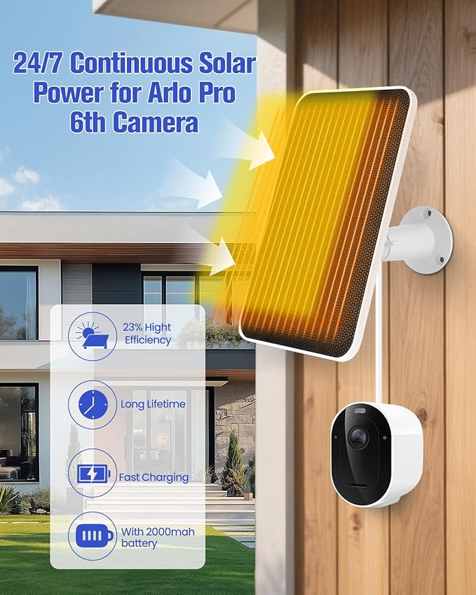 Solar Panel Charger Compatible with Arlo Pro 6/6 XL Built-in Battery Solar Panel for Arlo Pro Security Camera 2K HDR (6th Gen 2025 Release) IP65 Weatherproof USB-C Plug 9.8ft Charge Cable 1 Pack