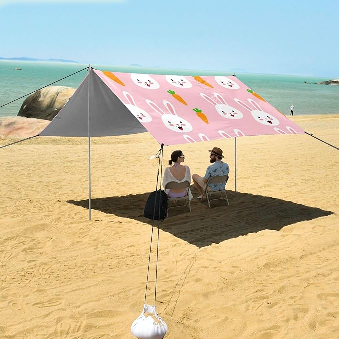 Beach Canopy with Windproof Ropes &amp Sandbags Beach Tent Sun Shade Sun Shelter for Camping Trips Fishing Backyard Fun or Picnics Bunny
