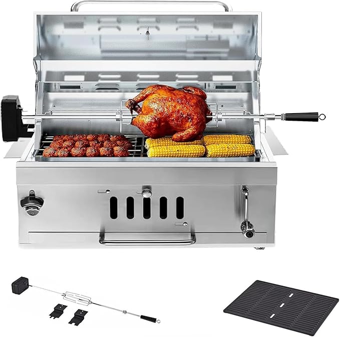 28In Built in BBQ Grills Large Outside Charcoal Grill with BBQ Fork Kit Liftable Tray &amp Thermometer Silver Stainless Steel Barbecue Grill for Outdoor Kitchen Cooking Patio Camping Park