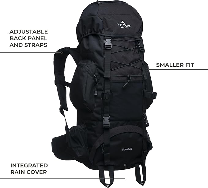 Teton 65L Scout Internal Frame Backpack for Hiking Camping Backpacking Travel Rain Cover Included Pacific