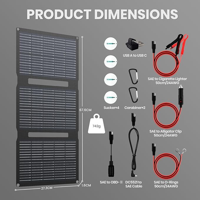 FlexSolar 28W 12V Portable Solar Panel Battery Charger Maintainer Kits Trickle Charger with Built-in Charge Controller Cig Plug Alligator Clips O-Rings OBDII Connector for Car TruckTractor Boat