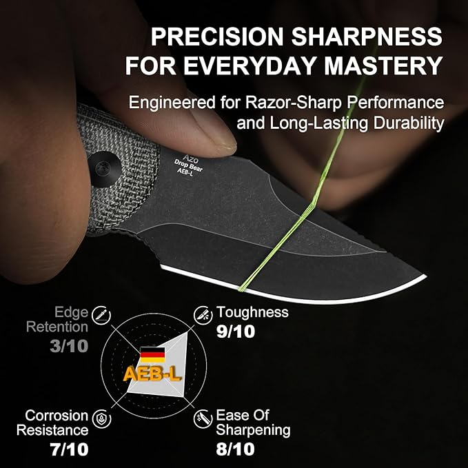 Kizer Drop Bear Fixed Blade Knife 2.6 AEB-L Black Stonewash Blade EDC Camping Knife with Black Micarta Handle &amp Hidden Tools Full Tang Hunting Survival Knives with Adjustable Kydex Sheath 1092