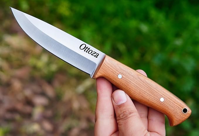 Ottoza Full Tang Bushcraft Knife with 1095 Carbon Steel Fixed Blade - Survival and Outdoor Camping Knife - Black Cross Draw Sheath and Olive Wood Handle 396