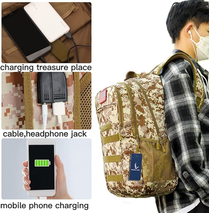 outdoor plus Camo BackpackMilitary Boys Backpacks for School40L Army Bookbag with USB Charging Port Waterproof