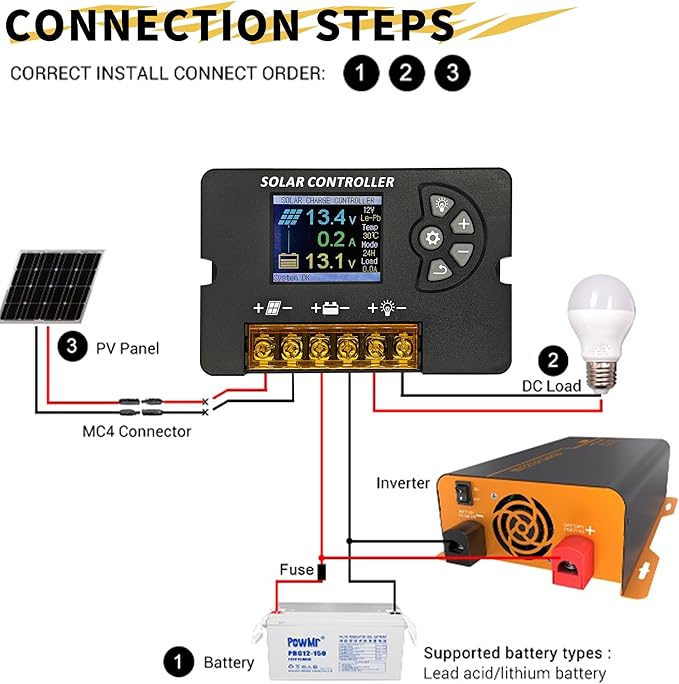 12V/24V Auto Solar Charge Controller 10A/20A/30A PWM Adjustable Regulator LCD Display Multi-Battery Support Efficient Panel Cell Charging - Solar Power System Accessory (10A)