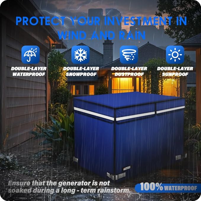 2025 Upgrade 900D+210D Heavy Duty Thicken Fabric. GUYISS Generator Covers While Running. 360° All-round Double-layer Protection. 30’’L×30’’W×27’’H. The Top can be Opened for Adding fuel. Blue.