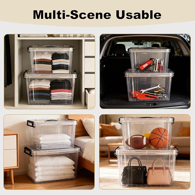 4 Pack 90 Qt Clear Large Storage Bins with Lids Stackable Plastic Organizer for Home Office Garage BPA-Free Heavy-Duty See-Through Containers with Secure Latches &amp Handles