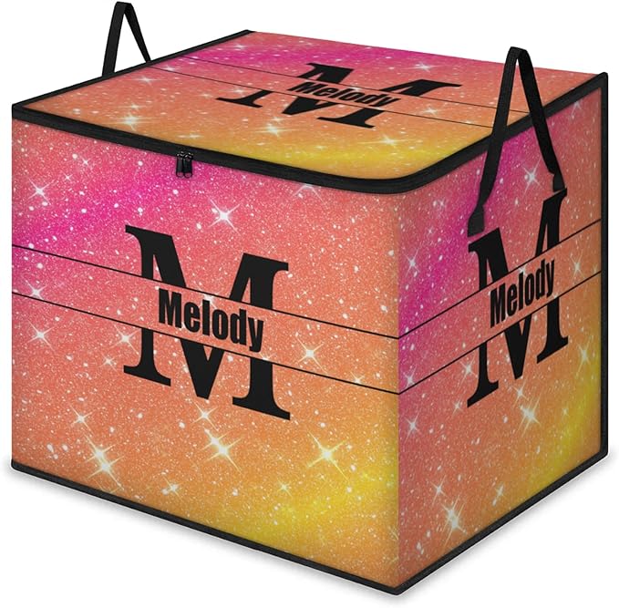 Custom Storage Baskets Cubes for Home with Name Initial letter Large Foldable Organizer Storage Bins for Home Blanket Comforters Clothes Closet Nursery Pink Yellow Orange Bling Shiny Stars