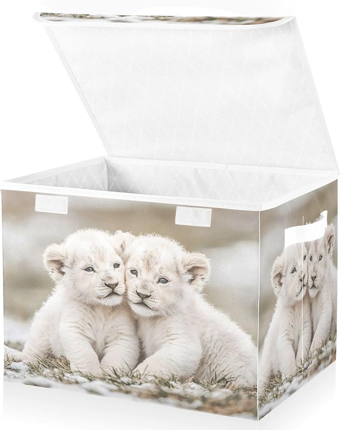 AIXIWAWA Lidded Storage Cube (Lovely Lions) Fabric Foldable Closet Bins with Flip Lid and Handles Organizer Basket Container 16.5 x 12.6 x 11.8 IN