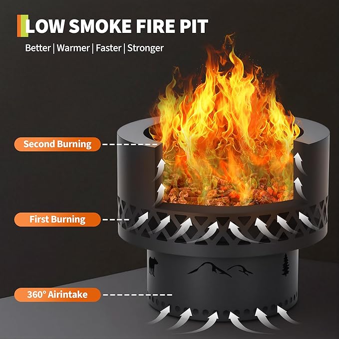 GarveeLife 16 Inch Smokeless Fire Pit Wood Burning Outdoor Fireplace with Removable Ash Pan &amp Dust Bag - Ideal for Patio BBQ Bonfire Camping