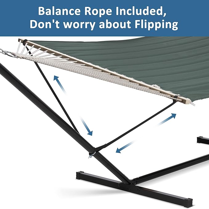 SUNCREAT Hammocks Extra Large Double Hammock with 12 ft Stand 475lbs Capacity Outdoor Portable Hammock with Hardwood Spreader Bar Extra Large Pillow Gray Green