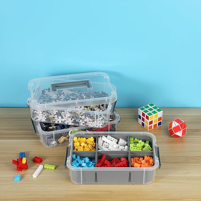 JUXYES 2 Pack 3-Tiers Stack Carry Storage Box With Divided Tray Transparent Stackable Storage Bin With Handle Lid Latching Storage Container for School &amp Office Supplies Dark Gray