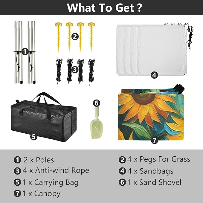 Beach Canopy with Windproof Ropes &amp Sandbags Beach Tent Sun Shade Sun Shelter for Camping Trips Fishing Backyard Fun or Picnics Sunflowers