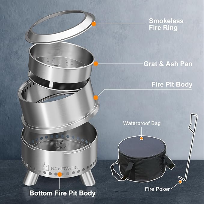 Smokeless Fire Pit with Waterproof Bag 15 Inch Stainless Steel Fire Pits for Outside Wood Burning Smokeless Firepit Outdoor Bonfire Removable Ash Pan Portable for Camping Backyard