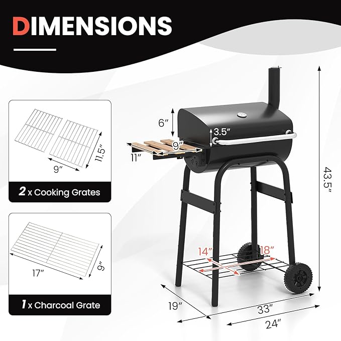 Happygrill Barrel Charcoal Grill Outdoor BBQ Smoker Grill w/Foldable Side Table Built-in Thermometer Storage Shelf Adjustable Air Vent Portable Barbecue Grills w/Wheels for Camping &amp Picnic