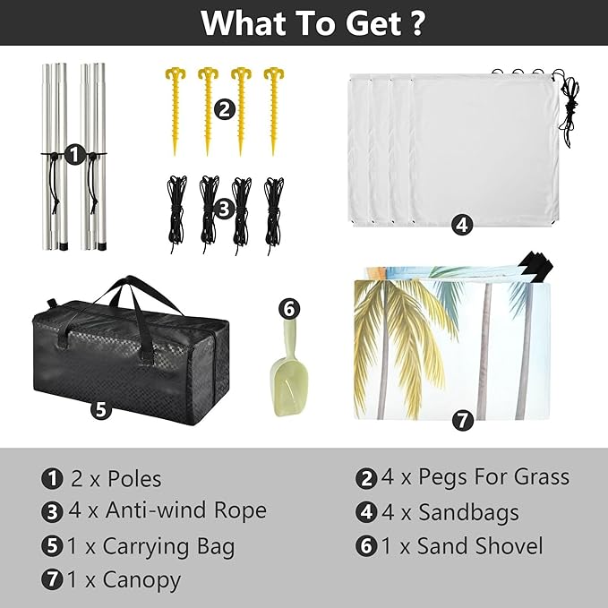 Beach Beach Canopy Sun Shelter with Sandbags &amp Sand Shovel &amp Windproof Ropes - Portable 110x126 Beach Shade Beach Tent for Camping Picnics
