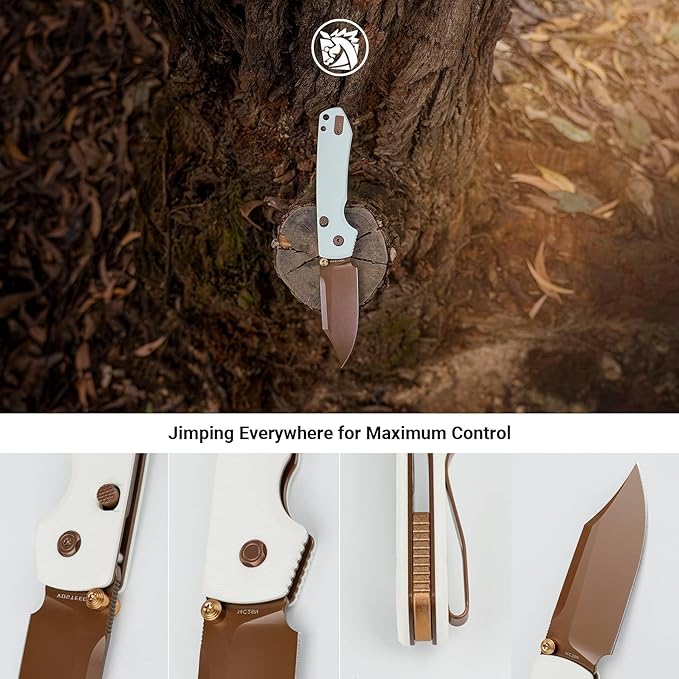 Vosteed Raccoon2.0 Bowie EDC Pocket Knife - 3.25 14C28N Copper Dune Bowie Blade - Top Liner Lock White G10 Handle - Camping Hiking Knives - A2925