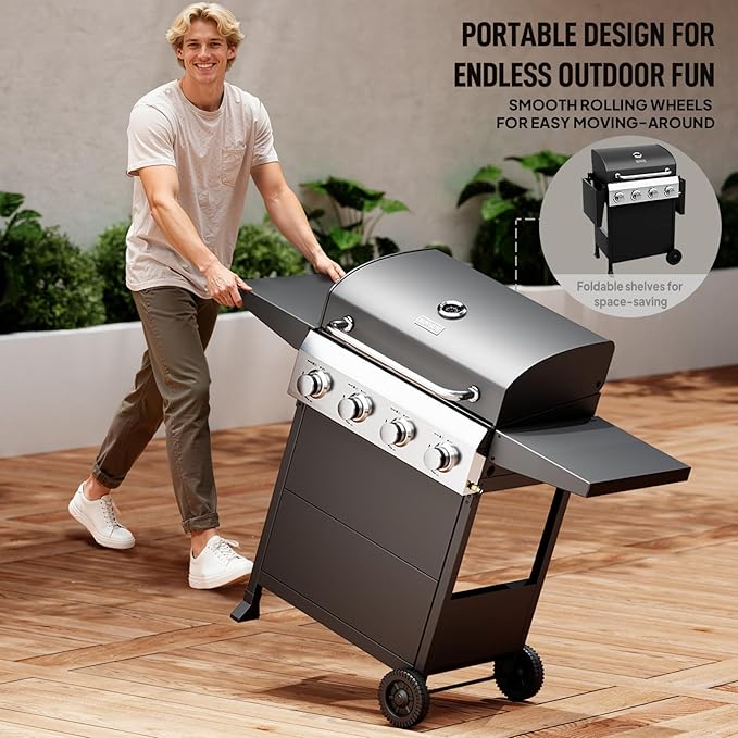 ROVSUN 4 Burner Propane Gas Grill with Foldable Side Shelves 40000BTU BBQ Grills with Enameled Cast Iron Grates Cabinet &amp Poratable Rolling Wheels for Outdoor Garden Patio Backyard Barbecue Cook