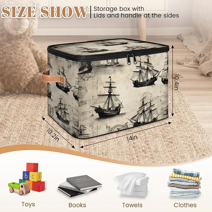 Storage Bins with Lids Retro Ship Storage Basket Clothes Organizer with Handles Closet Storage Containers for Clothing Bedding Blanket