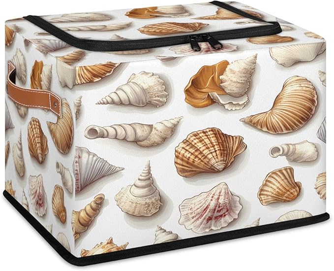 Seashell Storage Box with Lid Ocean Theme Collapsible Storage Bins Baskets Cubes Closet Shelf Clothes Organizer Containers with PU Leather Handles