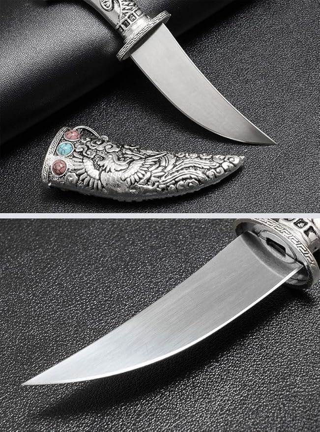 Fixed Blade Tanto Knife with Dragon Metal Sheath Compact Japanese Style Camping Knife Collectible EDC Knife with Gift Box for Men