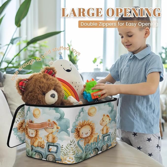 Custom Storage Basket with Name Personalized Storage Bins with Zipper Lid Foldable Fabric Storage Box Large capacity with Handle Lion Car
